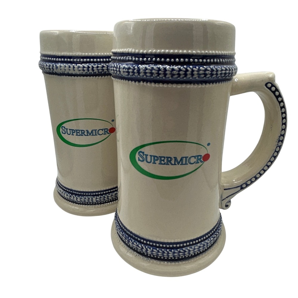 Set of 2 Supermicro Ceramic Beer Steins Blue Salt Glaze Promotional Mugs Tech
